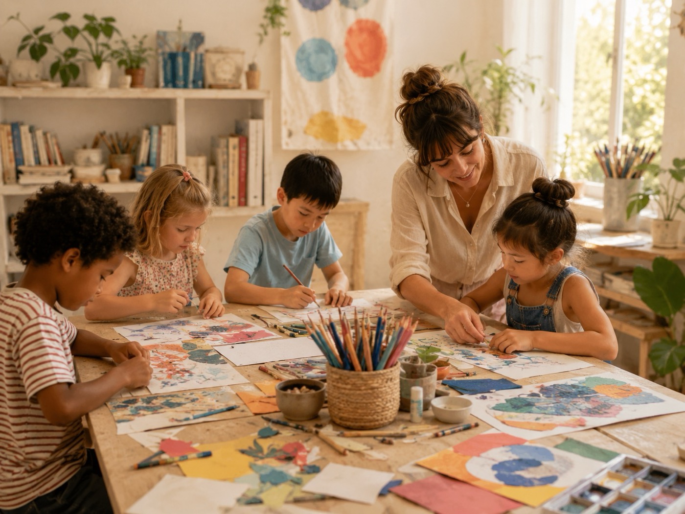 Kids painting and drawing together around a large art table