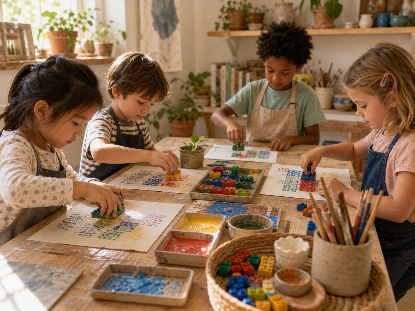 Children using colorful blocks to print patterns onto paper
